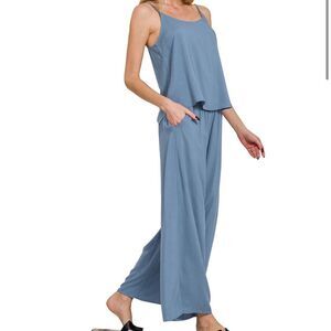 WOVEN CAMI & PANTS 2 PIECE SET Dusty Blue